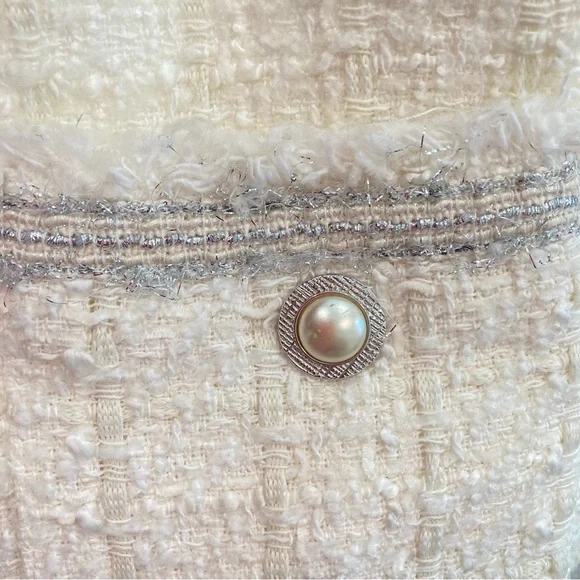 ZARA Ivory White Cream Silver Tweed Fringe Pearl Button Mini Skirt - Picture 8 of 9